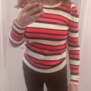 Coordinating Striped Sweater & Long Cardi in Coral, Burgundy, Cream, Black Sm/M